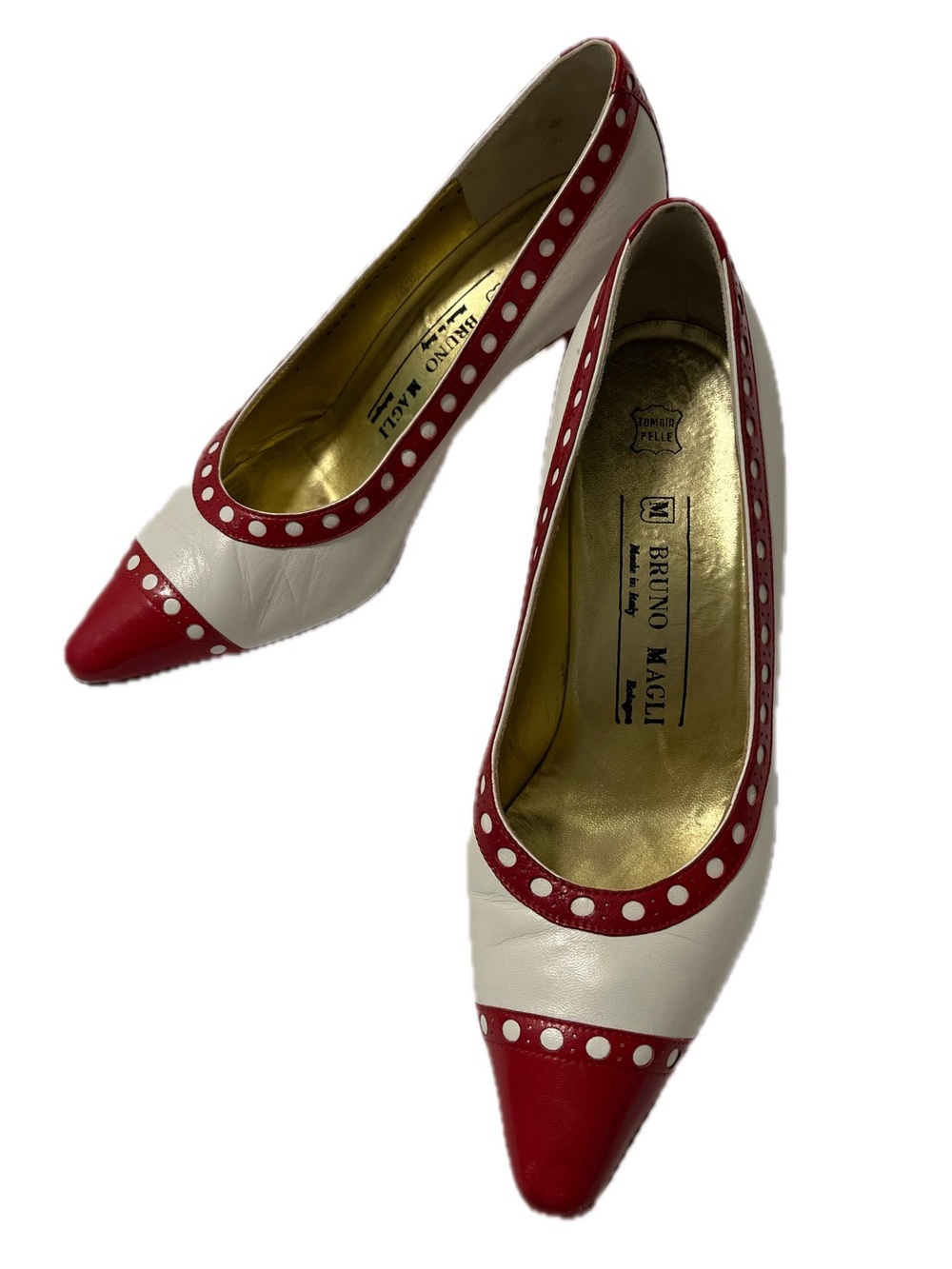 Vintage Bruno Magli White and Red Polka Dot Leather Pumps 2 inch heels Size 6